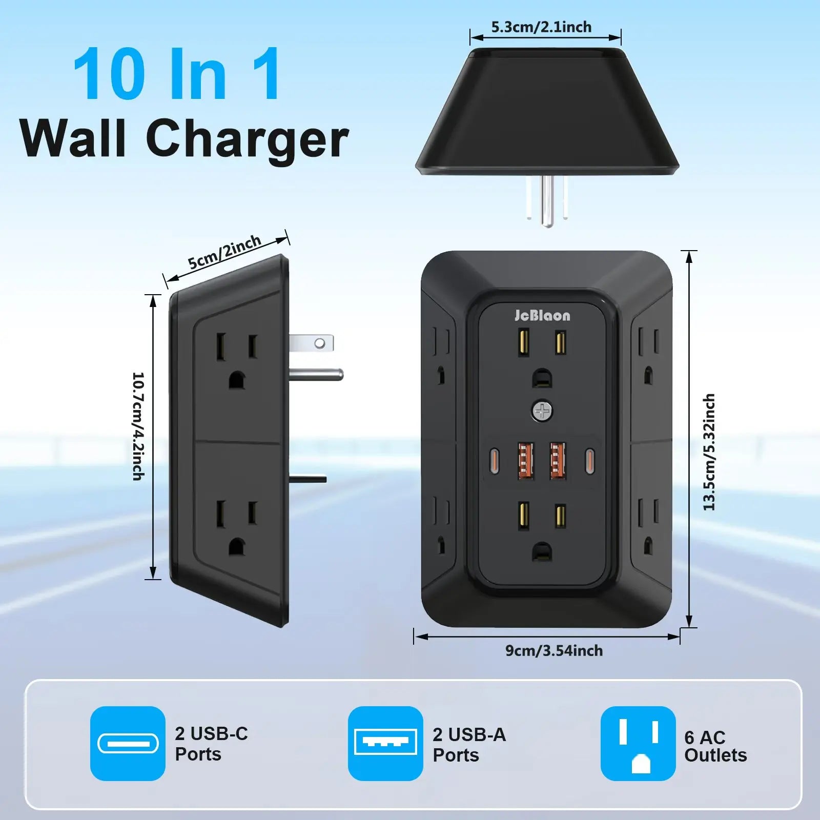 10-in-1 Power Strip US Plug with AC Outlets USB Type C Ports