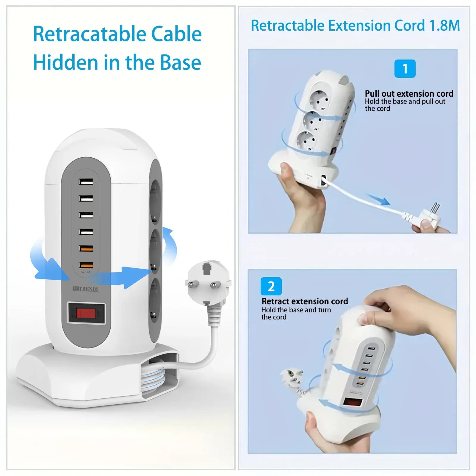 15-in-1 tower power strip 2500W, 9 sockets, 6 USB charging ports, retractable 1.8-meter extension cord expansion plug