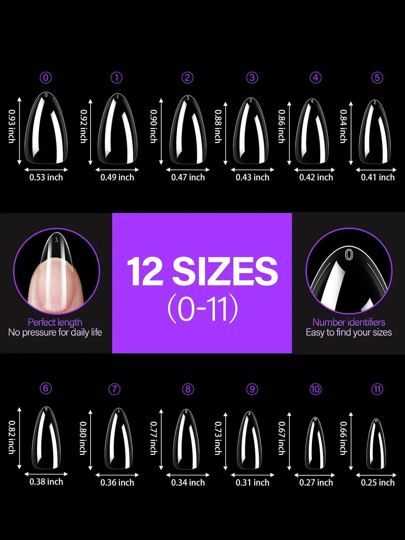 192 pieces of transparent acrylic fake nails, almond oval coffin square, suitable for nail art and home DIY nail making products