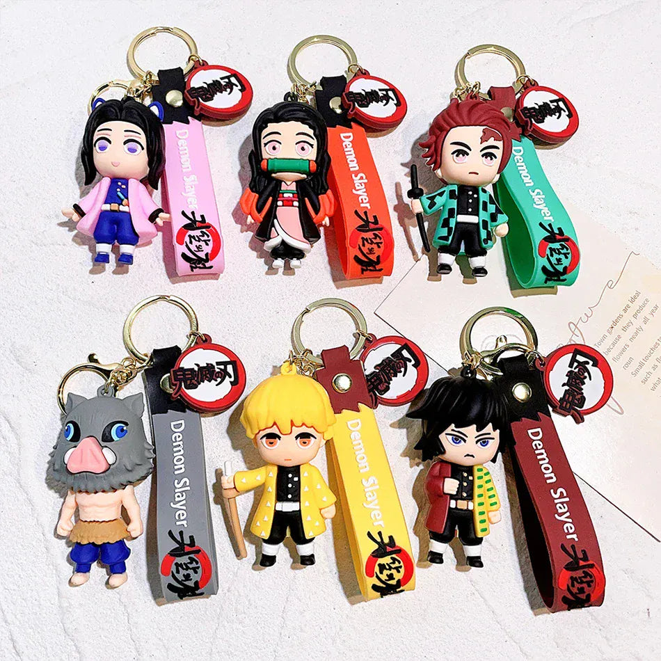 6 Pcs Demon Slayer Cartoon PVC Doll Car Keychain, Cute Anime Silicone Keychain for Backpack, Creative Couple Pendant, Gift for K