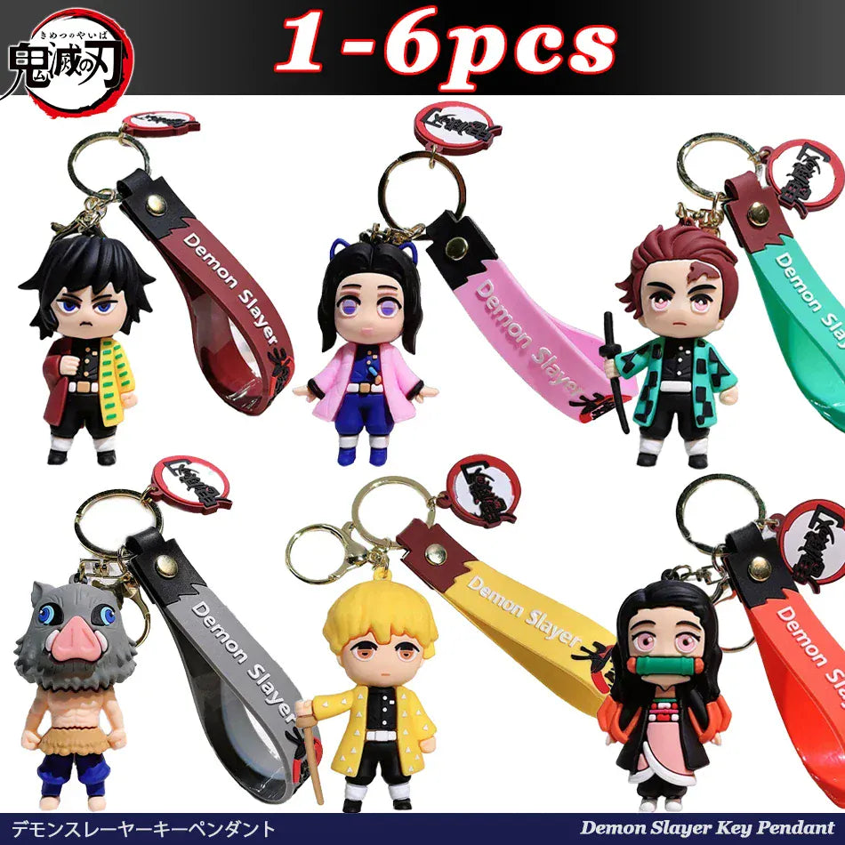 6 Pcs Demon Slayer Cartoon PVC Doll Car Keychain, Cute Anime Silicone Keychain for Backpack, Creative Couple Pendant, Gift for K