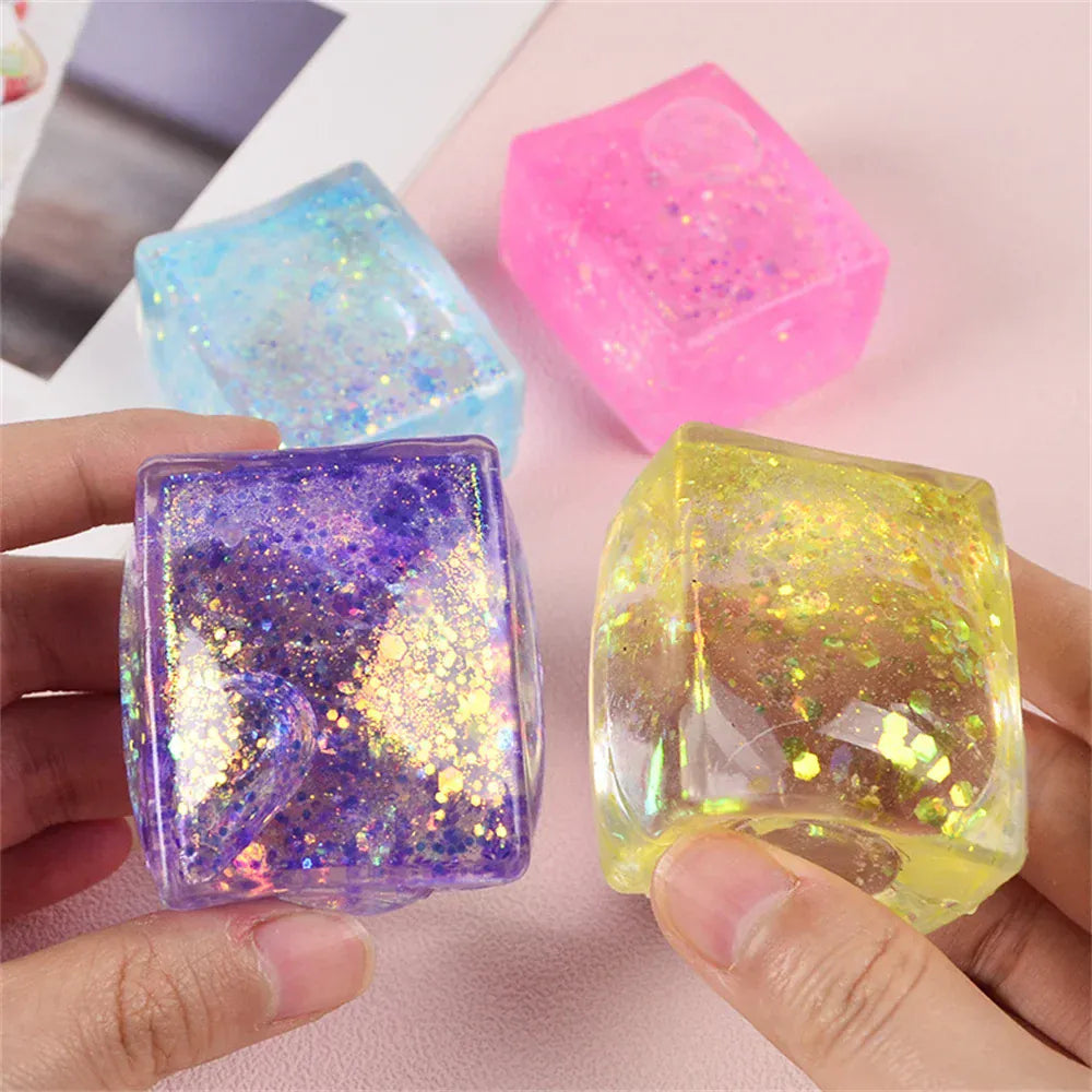 Glitter Ice Cube Squeeze Toy - Colorful Sensory Stress Relief Ball for Kids & Adults