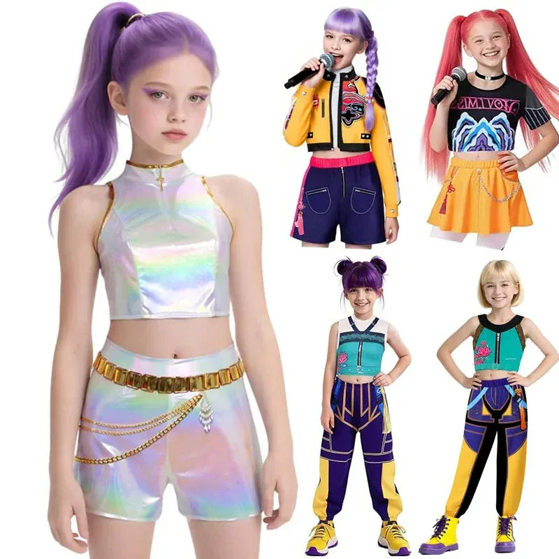 New K-POP Demon Hunter Cossplay Girls Costume Pop Singer Halloween Costume Kids Dress Up Stage Suit