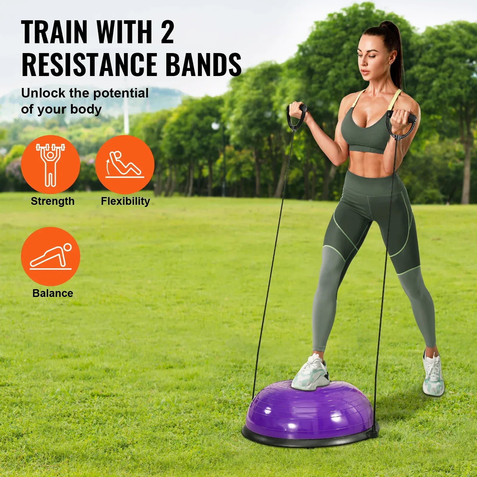 SucceBuy Half Exercise Ball Trainer Balance Ball Trainer Stability Ball Yoga Ball with Resistance Bands &Foot Pump Strength Ball